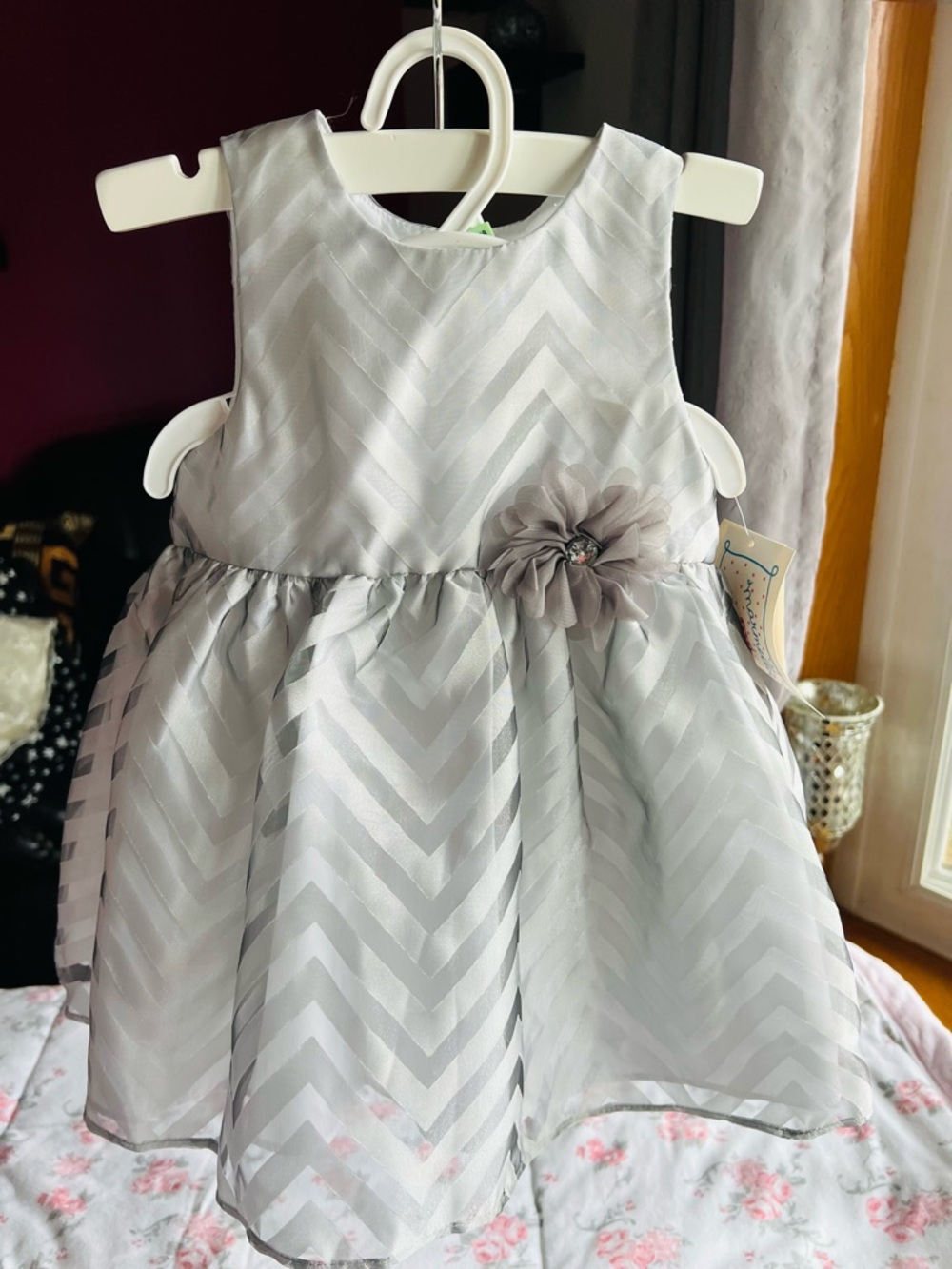 Girls Silver Chevron Party Dress with Floral Accent